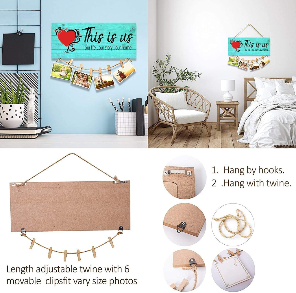 GoHooked turquoise wood sign with red heart and "This is us" quote, holding 6 photos with clips on twine.
