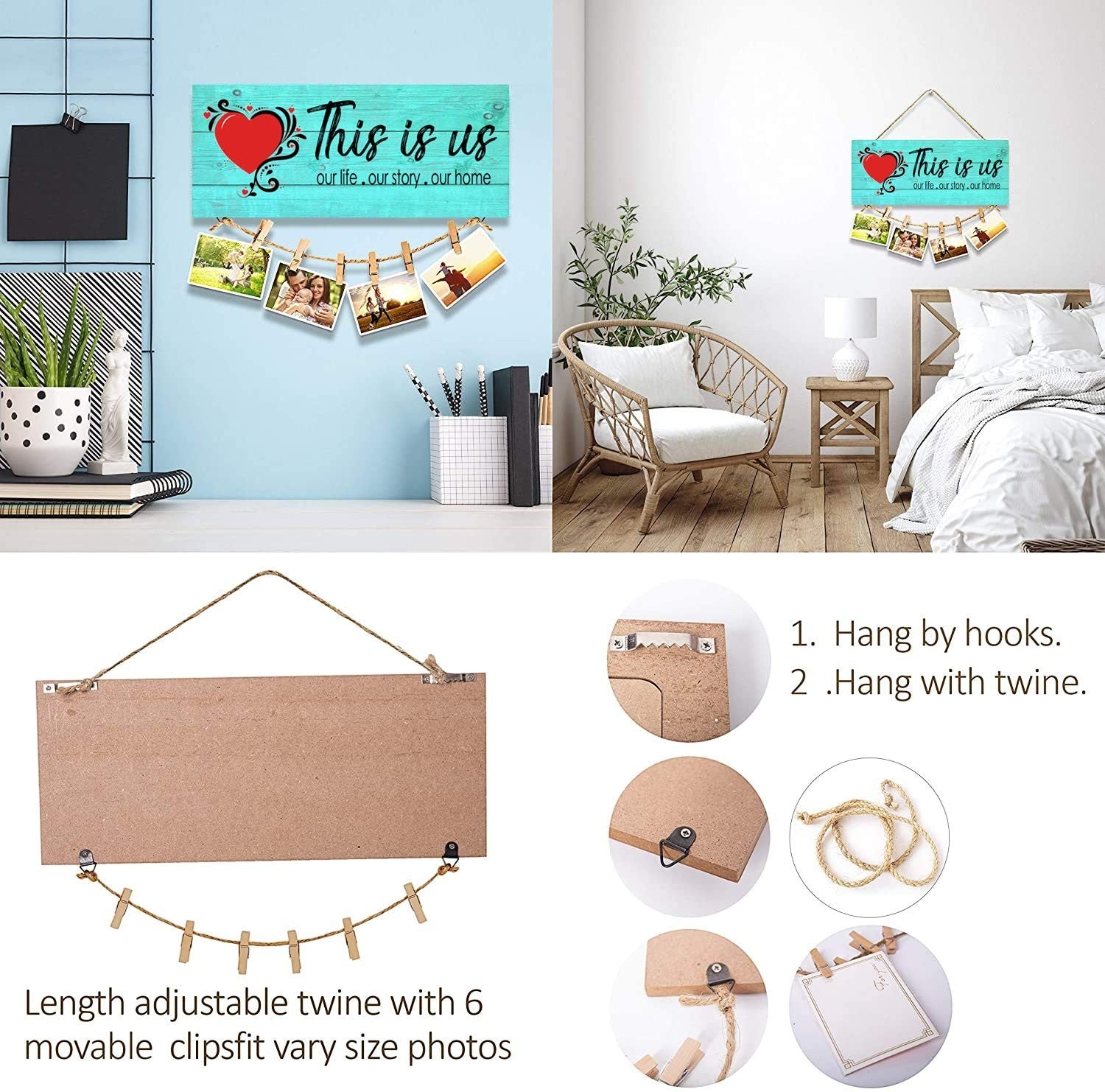 GoHooked turquoise wood sign with red heart and "This is us" quote, holding 6 photos with clips on twine.