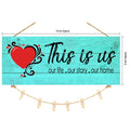 GoHooked turquoise wood sign with red heart and "This is us, our life, our story, our home" quote. Includes twine and clips for photos.