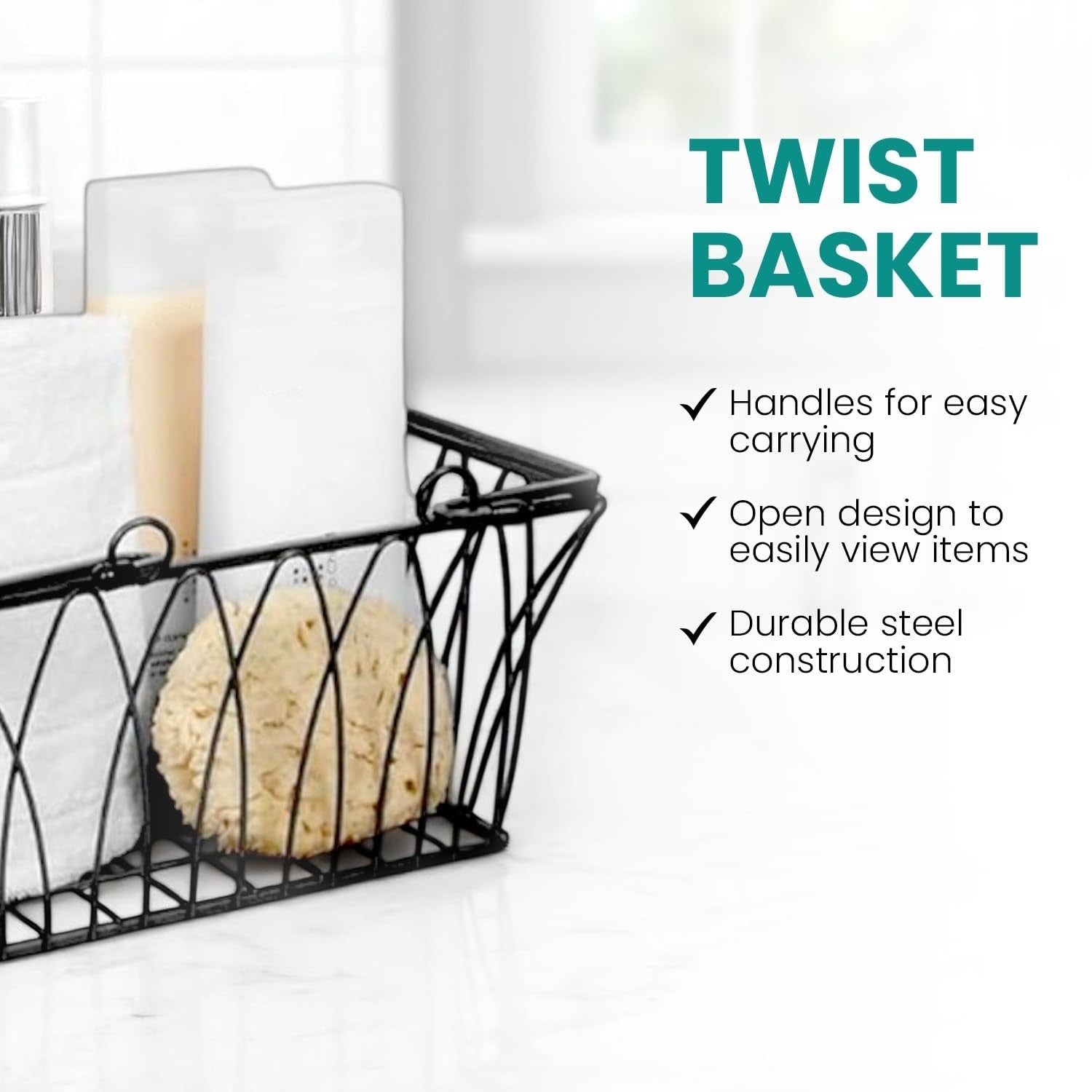 GoHooked black wire storage basket with handles, open design for easy viewing, and durable steel construction. Holds toiletries and towels.