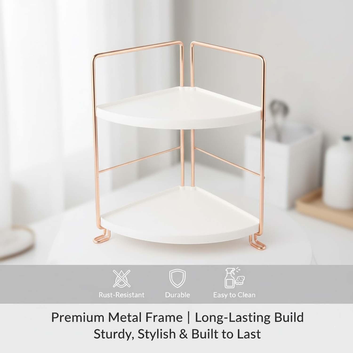 GoHooked Two-Tier Corner Vanity Organizer Shelf with white shelves and rose gold metal frame. Perfect for makeup and skincare.