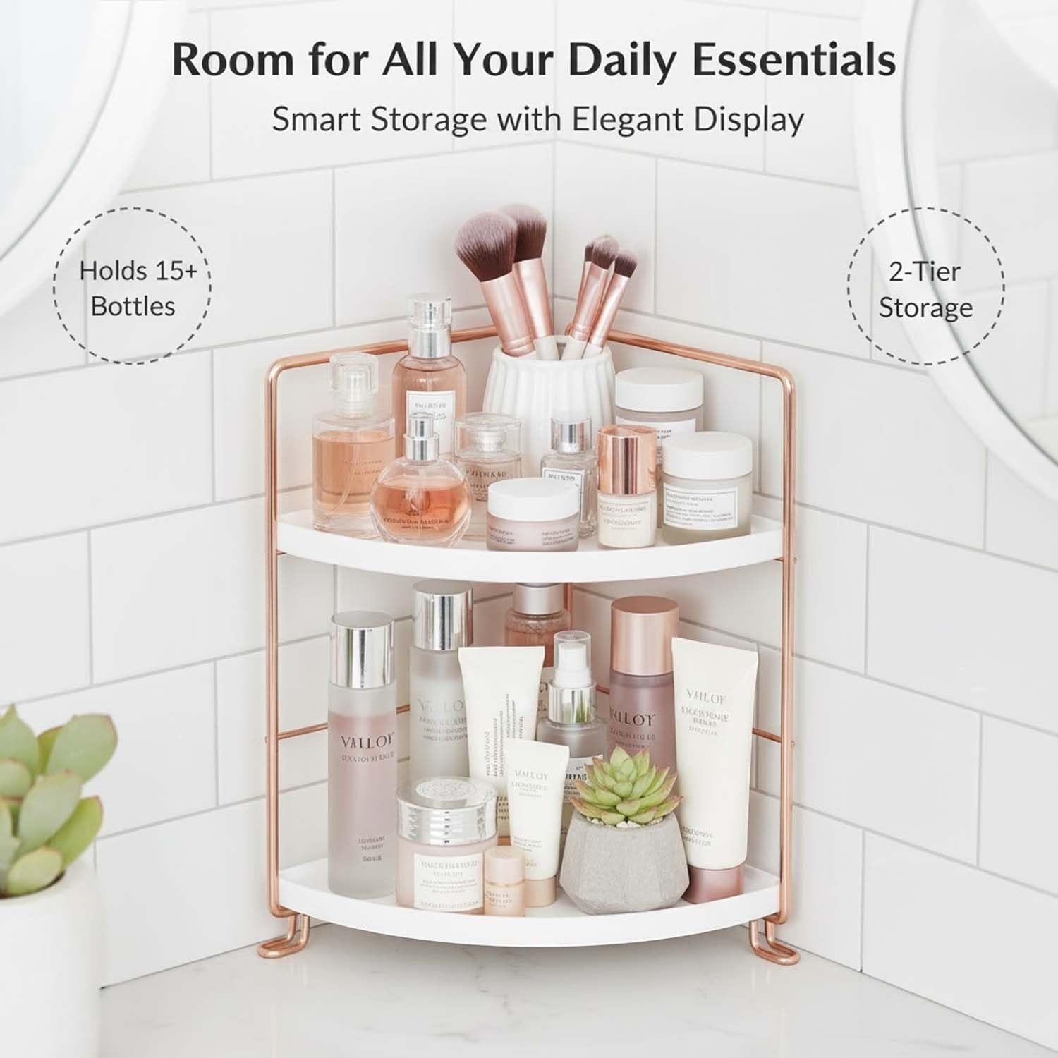 GoHooked white two-tier corner vanity organizer shelf with rose gold frame holding skincare and makeup.