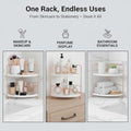 GoHooked white two-tier corner vanity organizer shelf with rose gold frame, ideal for makeup, skincare, and perfumes.