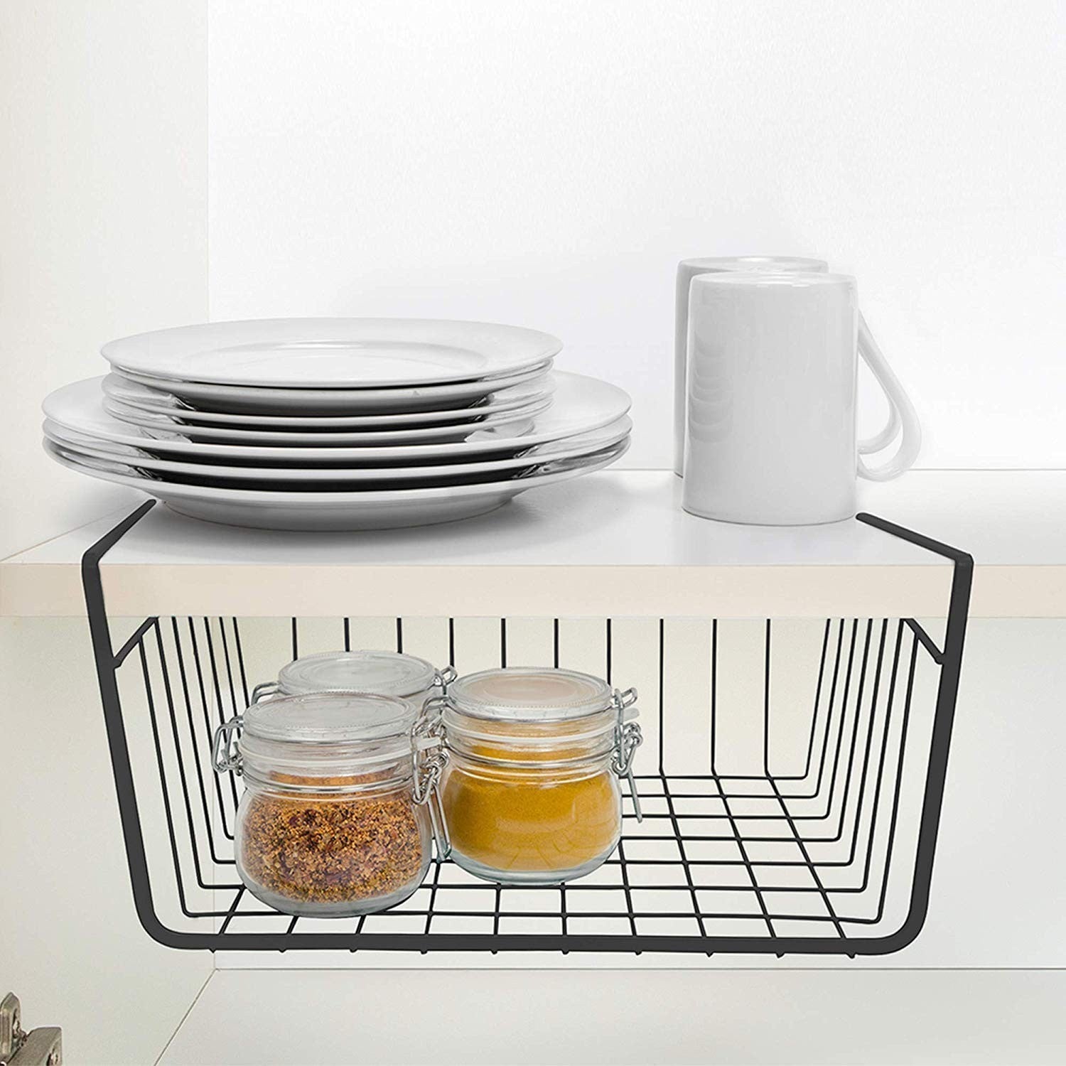GoHooked black coated iron under shelf basket organizer rack for kitchen and pantry storage. Holds jars and spices.