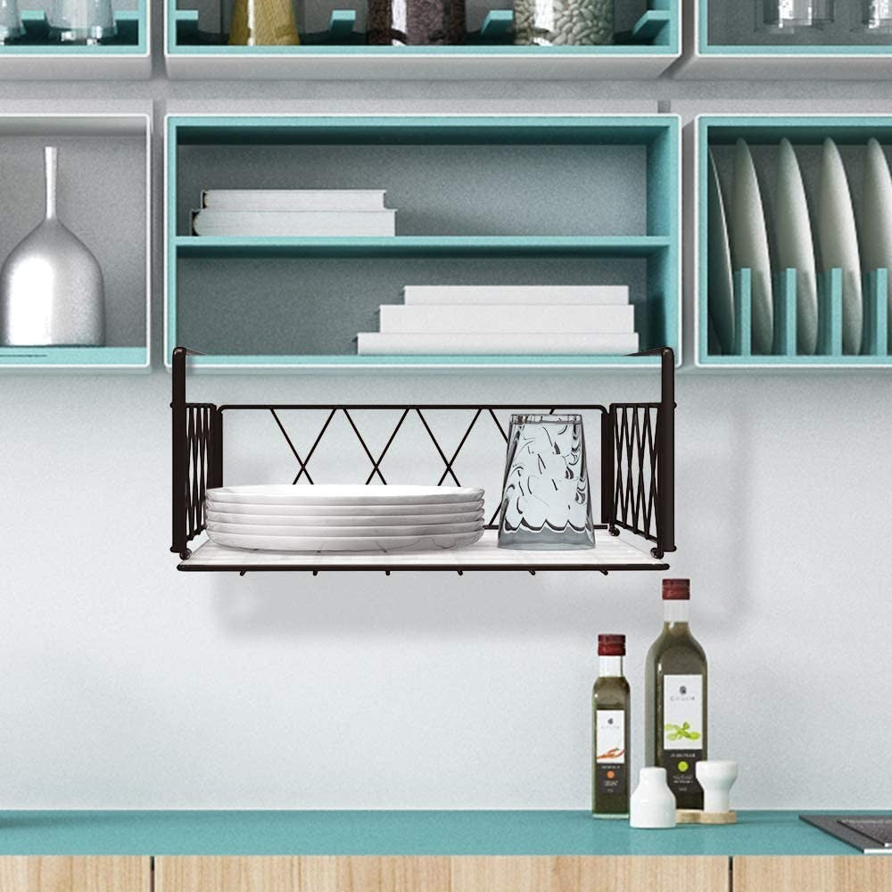 GoHooked black metal under shelf basket organizer holding plates and a glass. Ideal for kitchen pantry storage.