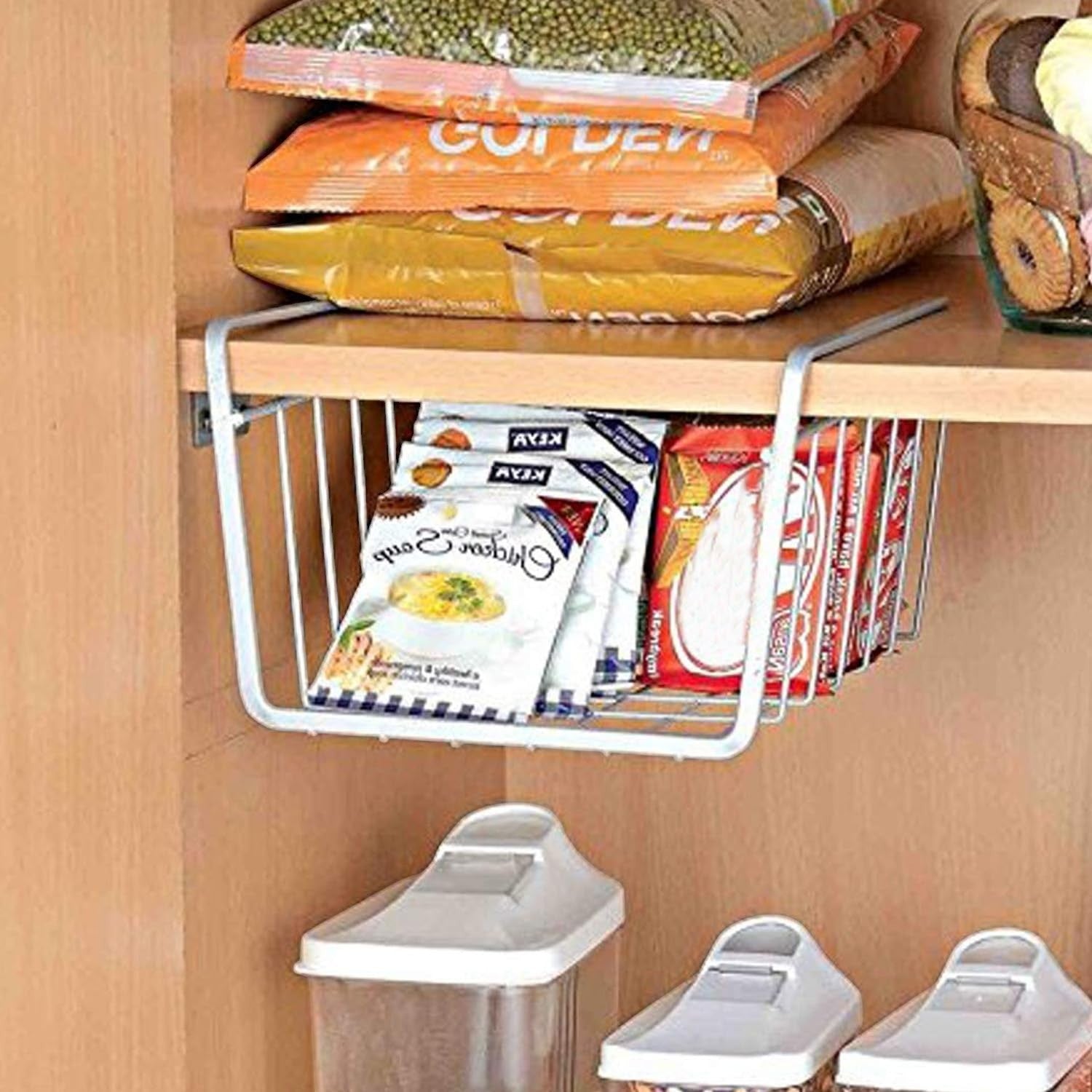 Go Hooked silver coated iron under shelf basket organizer rack for kitchen pantry and cabinets. Holds food packets.