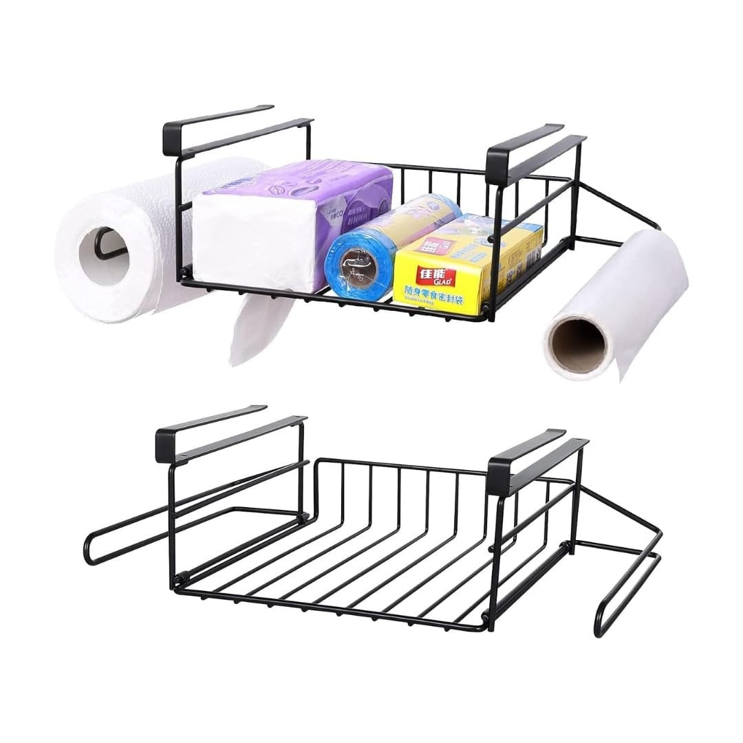 GoHooked black wire under shelf storage basket with paper towel holder, 2 pack
