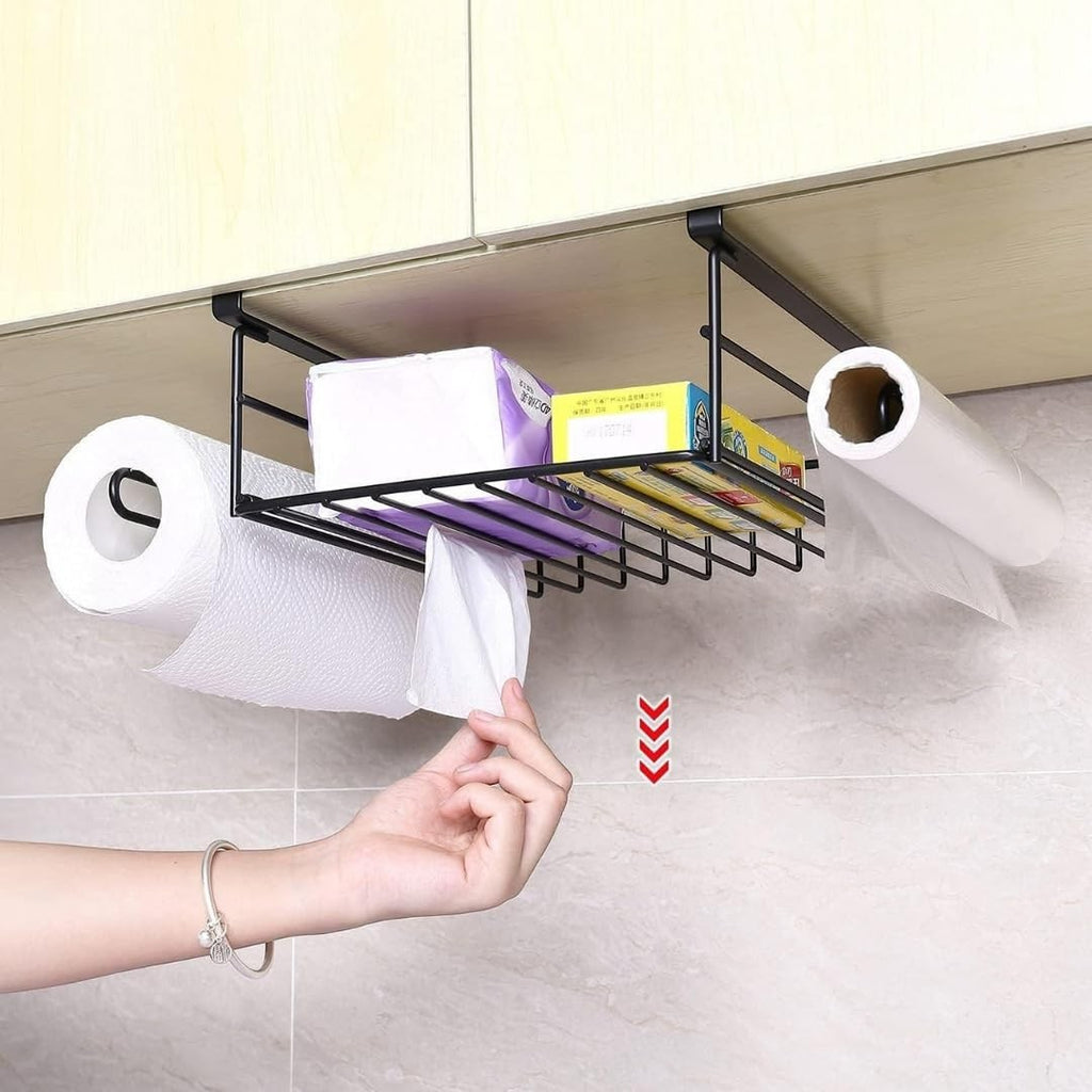 GoHooked black under shelf storage basket with paper towel holder, ideal for kitchen pantry organization.
