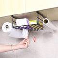 GoHooked black under shelf storage basket with paper towel holder, ideal for kitchen pantry organization.