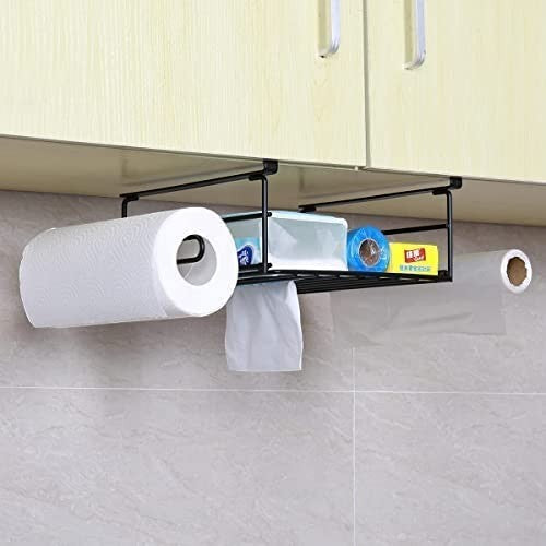 GoHooked black under shelf storage basket with paper towel holder, organizer for kitchen pantry bathroom