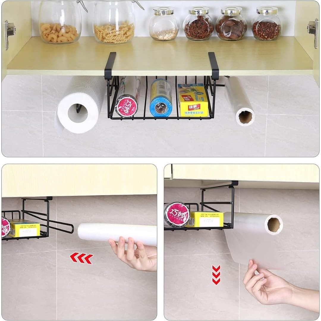 GoHooked black under shelf storage basket with paper towel holder, ideal for kitchen pantry organization.