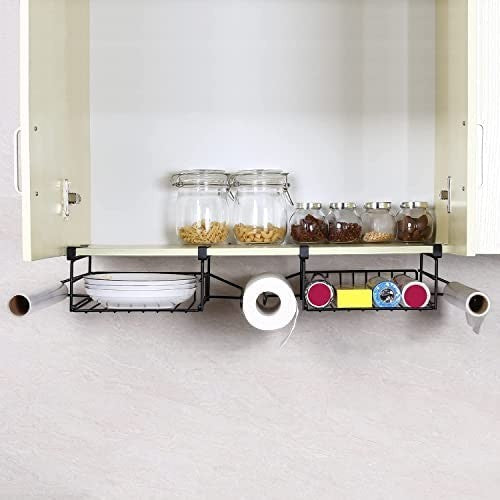 GoHooked black under shelf storage basket with paper towel holder, stores plates, paper towels, and K-cups.