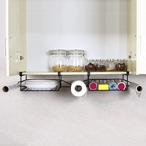 GoHooked black under shelf storage basket with plate rack, tissue holder, and compartments for K-cups.