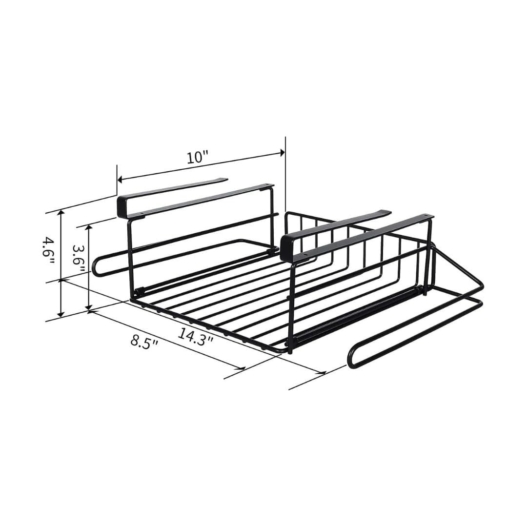 GoHooked black wire under shelf storage basket with built-in tissue holder, 14.3" L x 8.5" W x 4.6" H