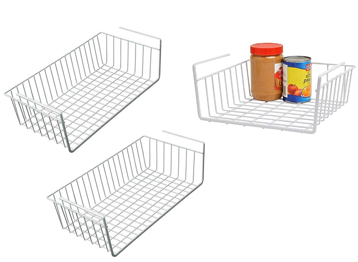 GoHooked white coated iron under shelf storage basket organizer rack, pack of 3