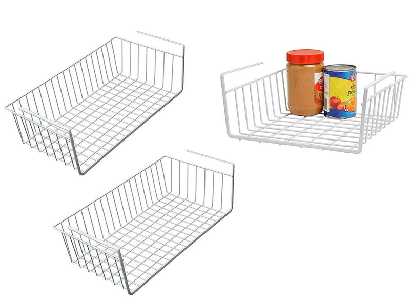 GoHooked white coated iron under shelf storage basket organizer rack, pack of 3