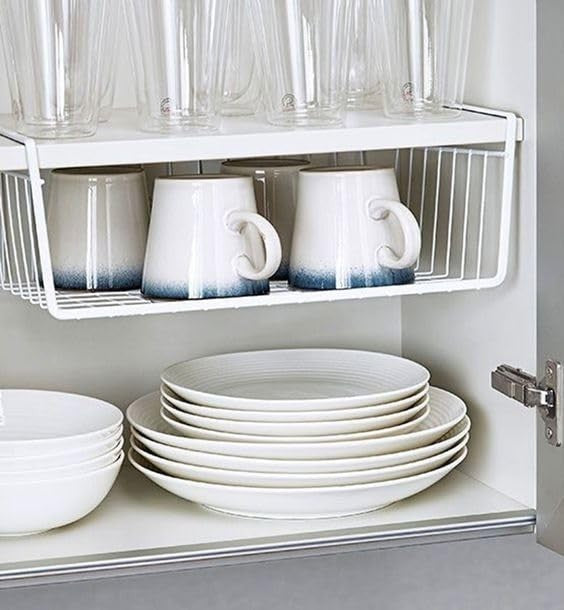Go Hooked grey powder-coated iron undershelf basket, 16 inch, for kitchen and pantry storage. Holds mugs and glasses.