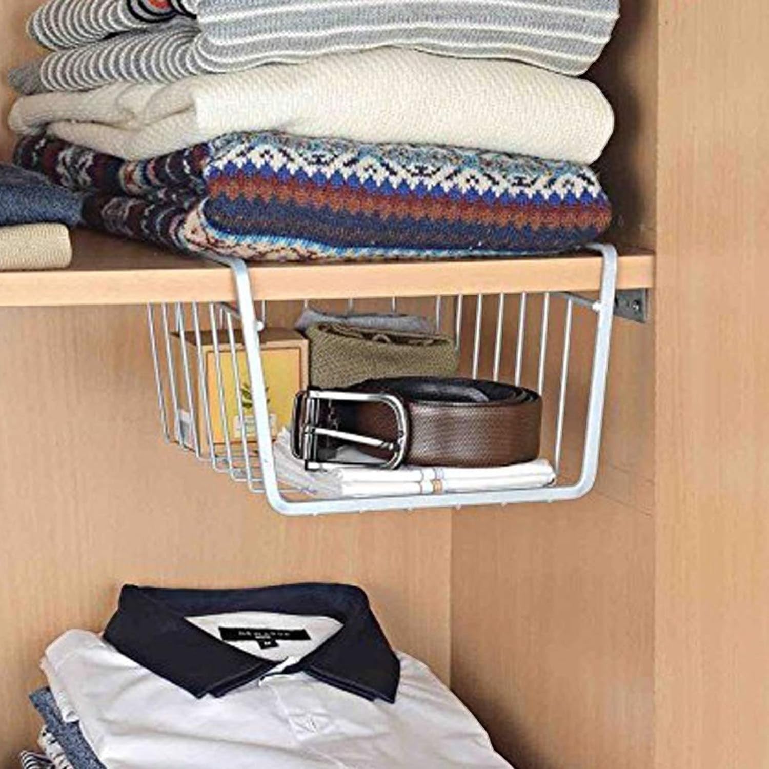 Go Hooked grey mild steel undershelf basket, 8 inches, for organizing closets and cupboards.