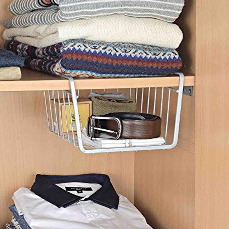 Go Hooked grey mild steel undershelf basket, 8 inches, for organizing closets and cupboards.