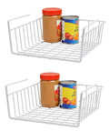 GoHooked white powder-coated iron undershelf basket, set of 2, holding jars of peanut butter and canned peaches.