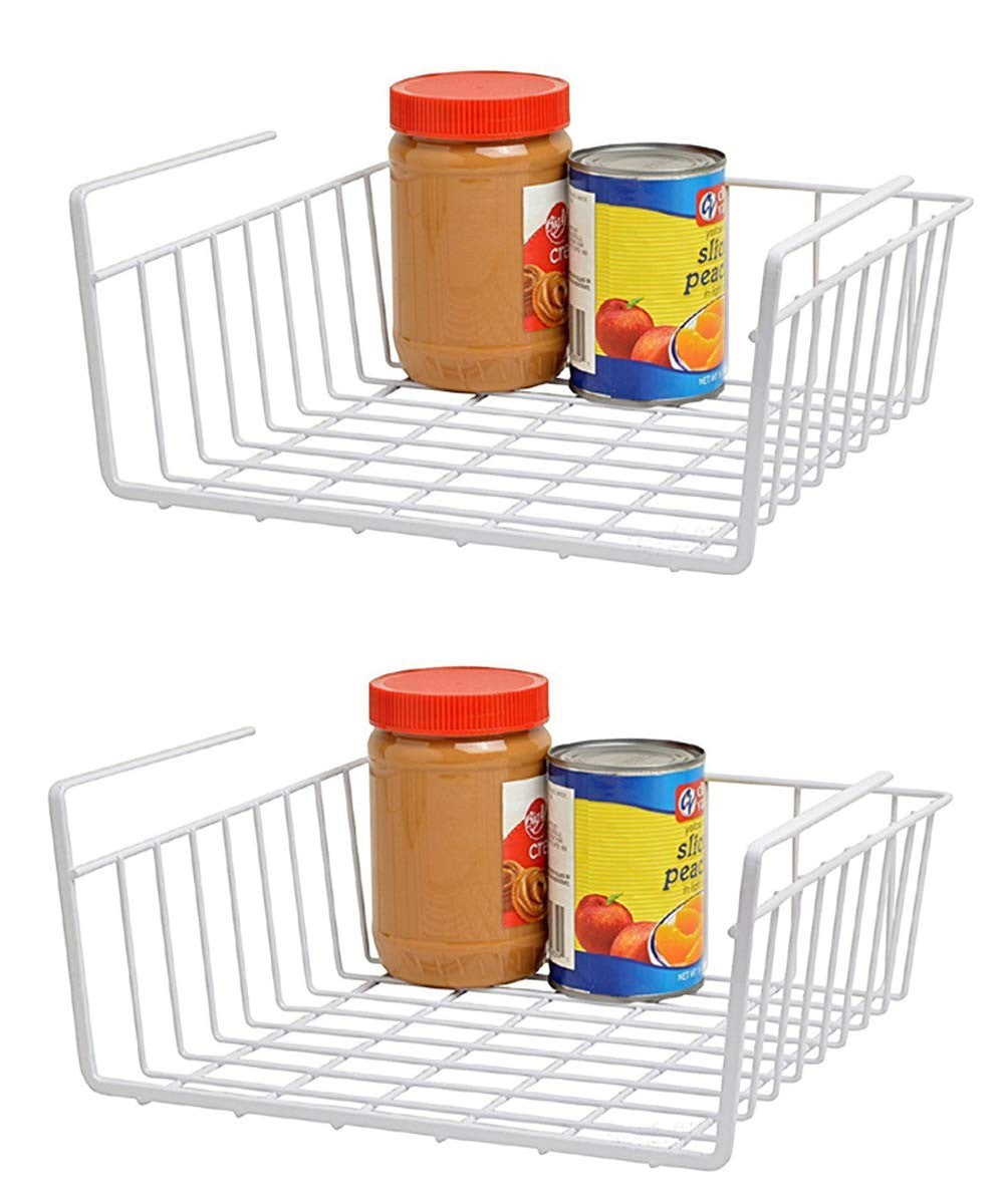 GoHooked white powder-coated iron undershelf basket, set of 2, holding jars of peanut butter and canned peaches.