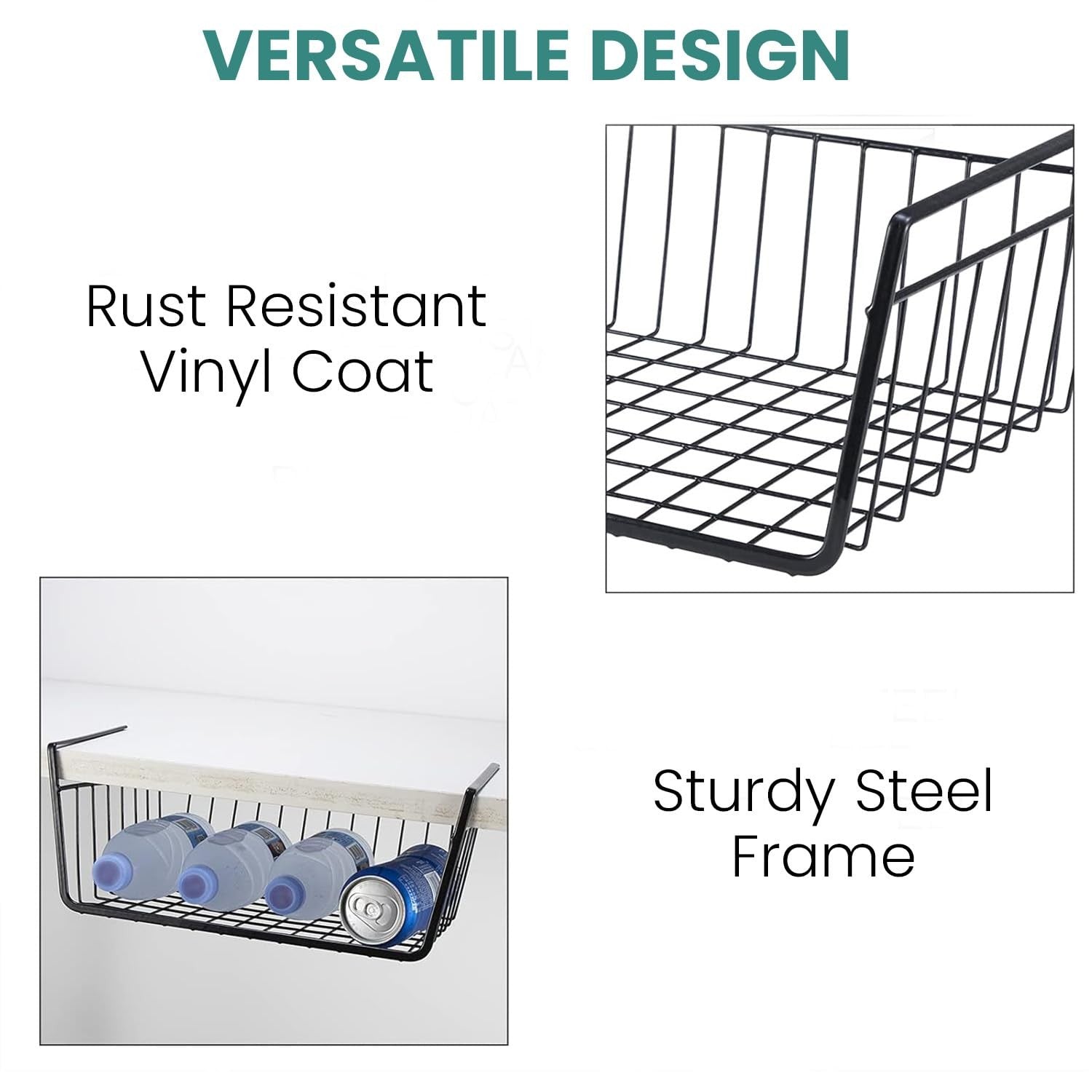 Go Hooked black metal undershelf storage basket with a sturdy steel frame and rust-resistant vinyl coat. Holds bottles and cans.