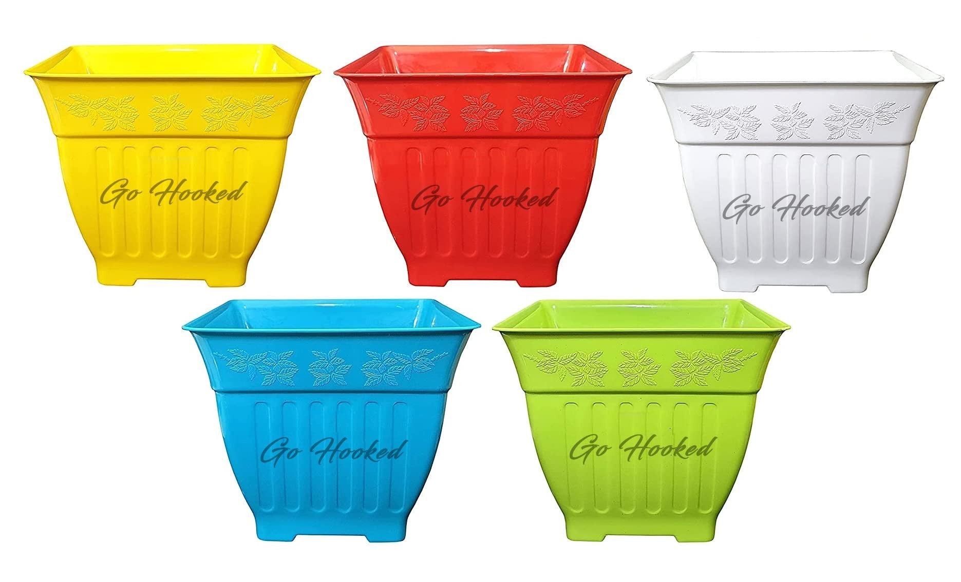 Go Hooked Valencia planters in yellow, red, white, blue, and green. Pack of 5 durable plastic pots for indoor/outdoor plants.