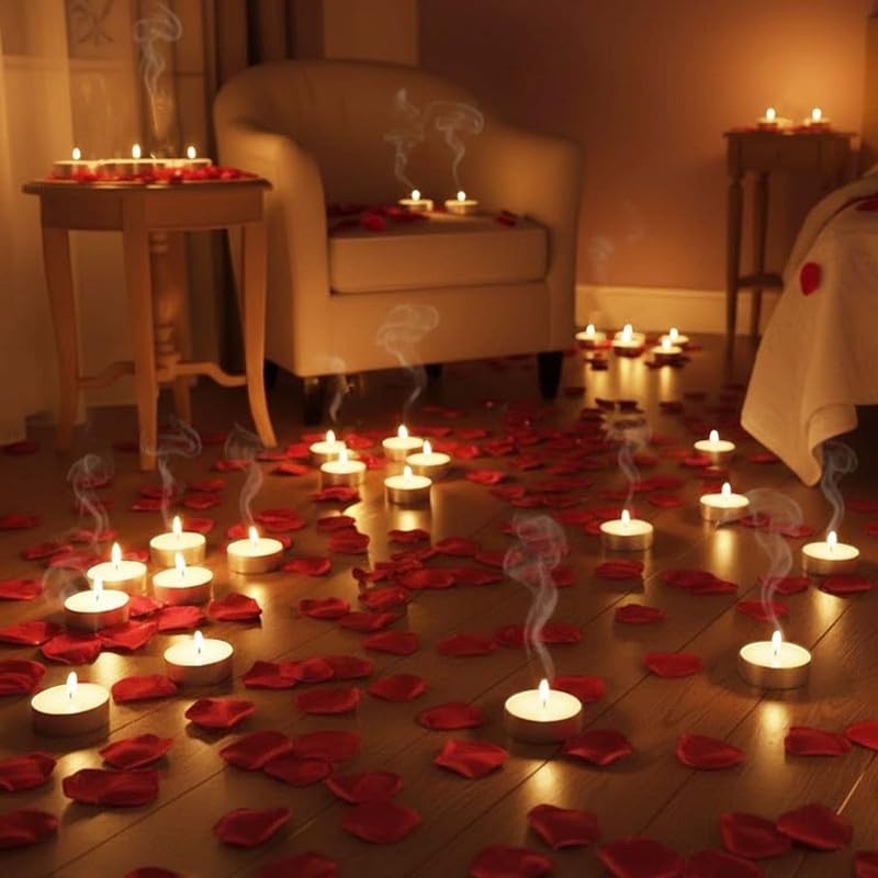 GoHooked Valentine's Day decor set with 50 tealight candles and 1500 red rose petals scattered on the floor.