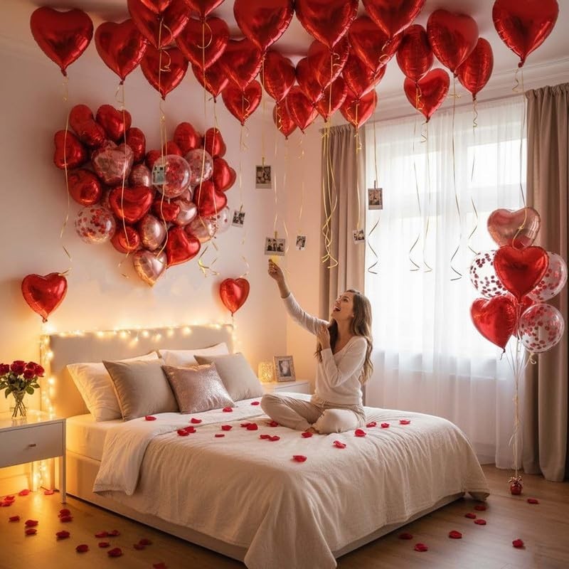 GoHooked Valentine's Day decor set with red heart foil balloons and artificial rose petals scattered on a bed.