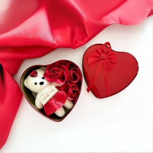 GoHooked white teddy bear with red dress and I Love You tag in heart-shaped tin box with red roses.