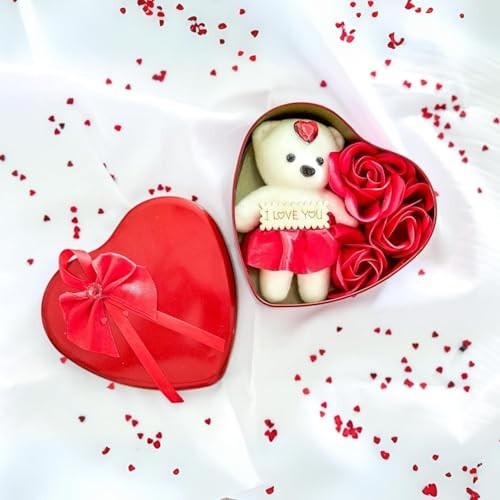 Go Hooked Valentine's Day heart-shaped tin box with a white teddy bear and red roses. The teddy holds an "I LOVE YOU" sign.