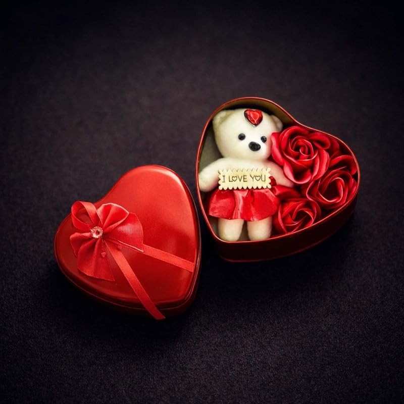 GoHooked red heart-shaped tin box with a white teddy bear holding an "I LOVE YOU" sign and red roses.