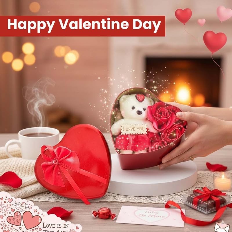 GoHooked Valentine's Day heart-shaped tin box with a teddy bear and red roses, gift for her.