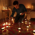 GoHooked Valentine's Day decor set with 50 tealight candles and 1500 red rose petals scattered on the floor.