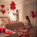 GoHooked Valentine's Day decor set with red heart balloons, rose petals, and heart candles for a romantic ambiance.