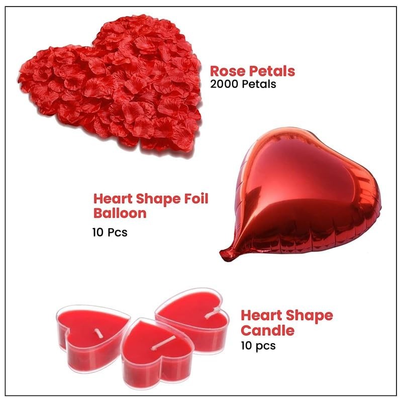 GoHooked Valentine's Day decor set: red heart-shaped wax candles, artificial rose petals, and red heart foil balloon.