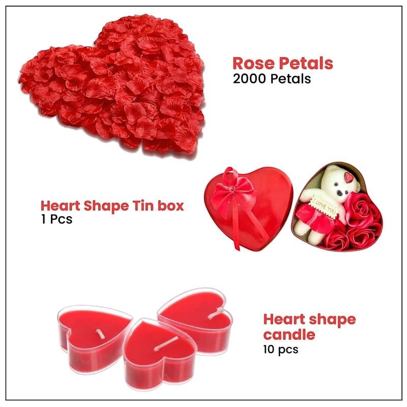 GoHooked Valentine's Day decor set with red heart-shaped rose petals, a teddy bear in a heart box, and 10 red heart-shaped wax candles.