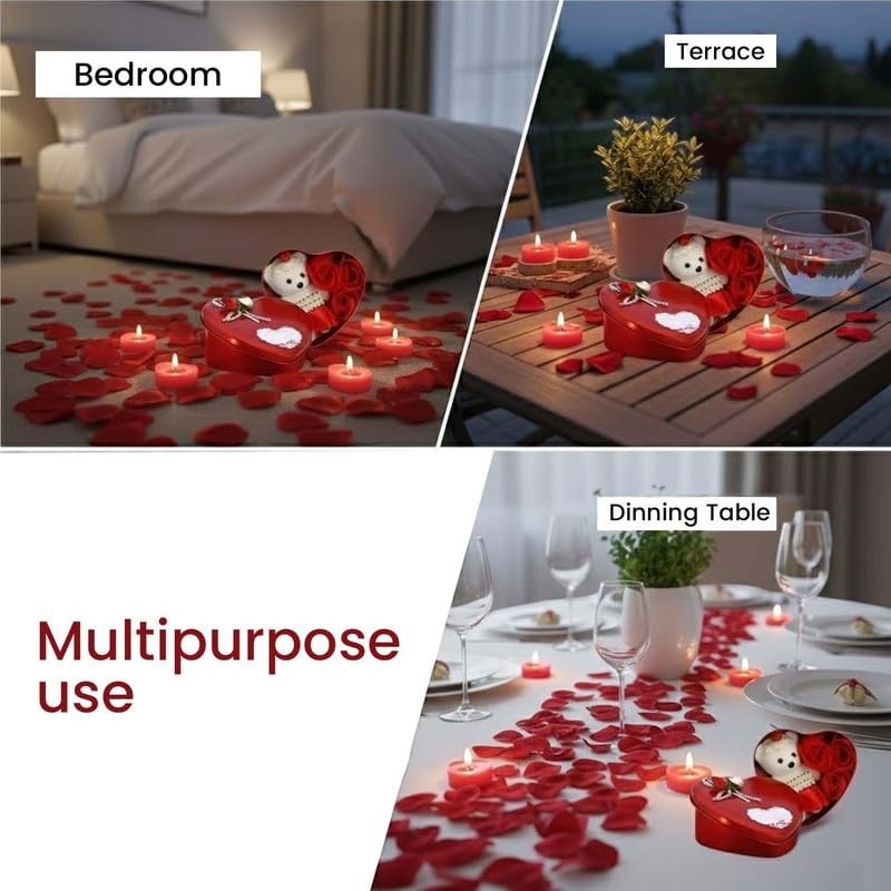 GoHooked Valentine's Day decor set with red heart-shaped tin box containing a teddy bear and roses, surrounded by red artificial rose petals and heart-shaped tea light candles.