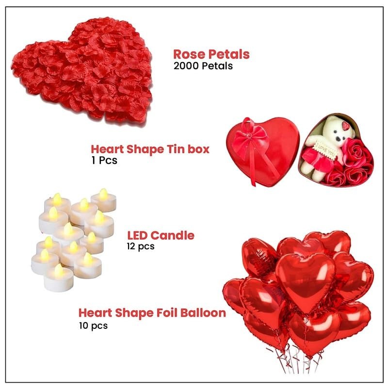Go Hooked Valentine's Day decor set: red rose petals, heart tin box with teddy, LED candles, and red heart balloons.