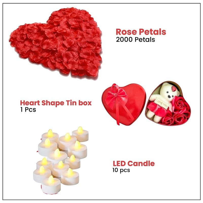 GoHooked Valentine's Day decor set with red artificial rose petals, a heart-shaped tin box with a teddy bear, and 12 LED tea light candles.