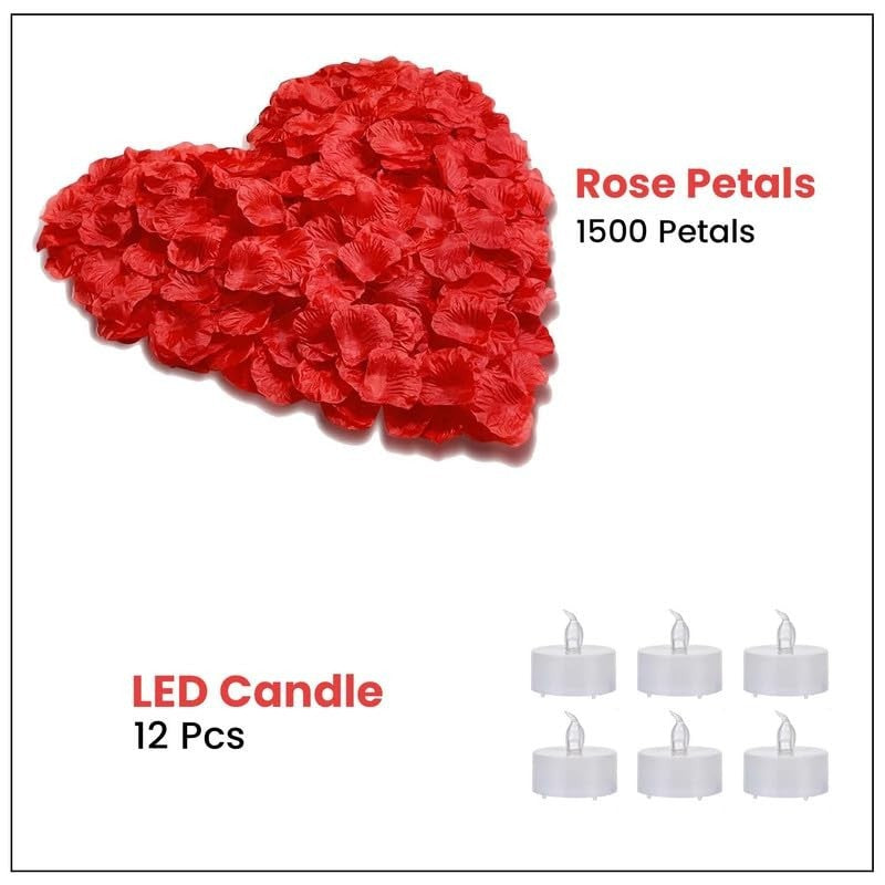 GoHooked Valentine's Day gift set with 12 LED candles and 1500 red artificial rose petals for romantic decor.