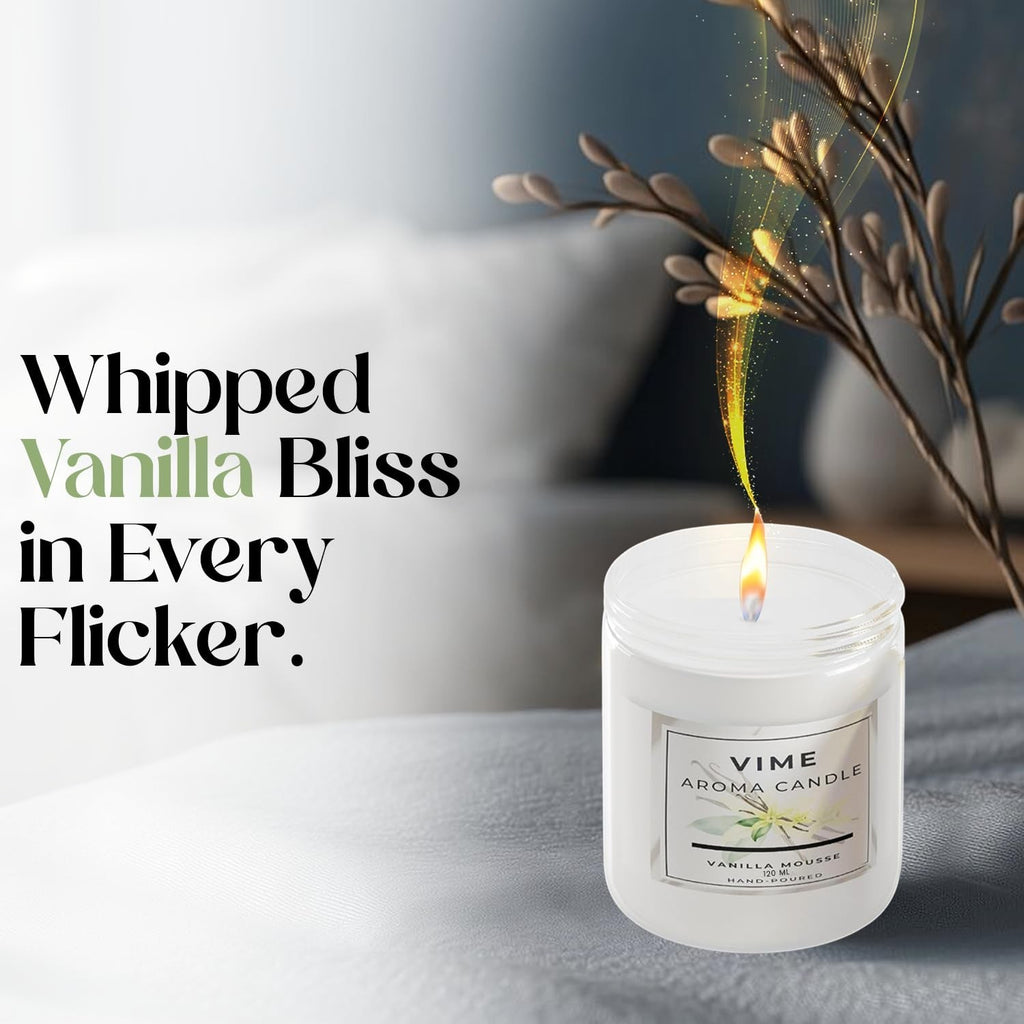 GoHooked ViMe Vanilla Mousse aroma candle in a white jar, hand-poured with aromatherapy benefits.