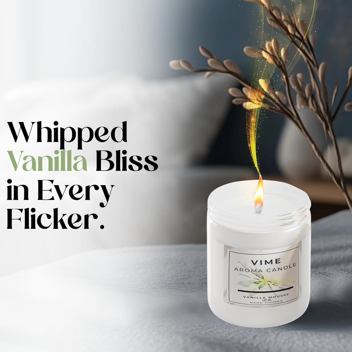 GoHooked ViMe Vanilla Mousse aroma candle in a white jar, hand-poured with aromatherapy benefits.