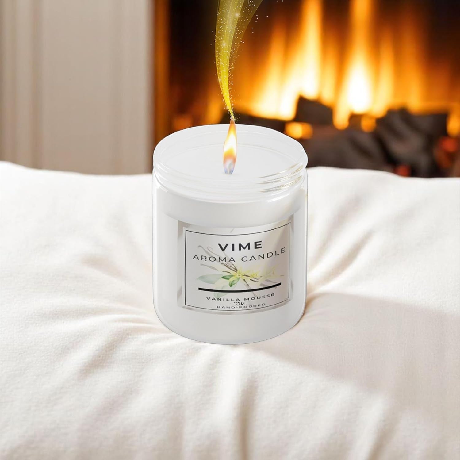 GoHooked ViMe Vanilla Mousse aroma candle in a white jar, 120ml, hand-poured with aromatherapy benefits.