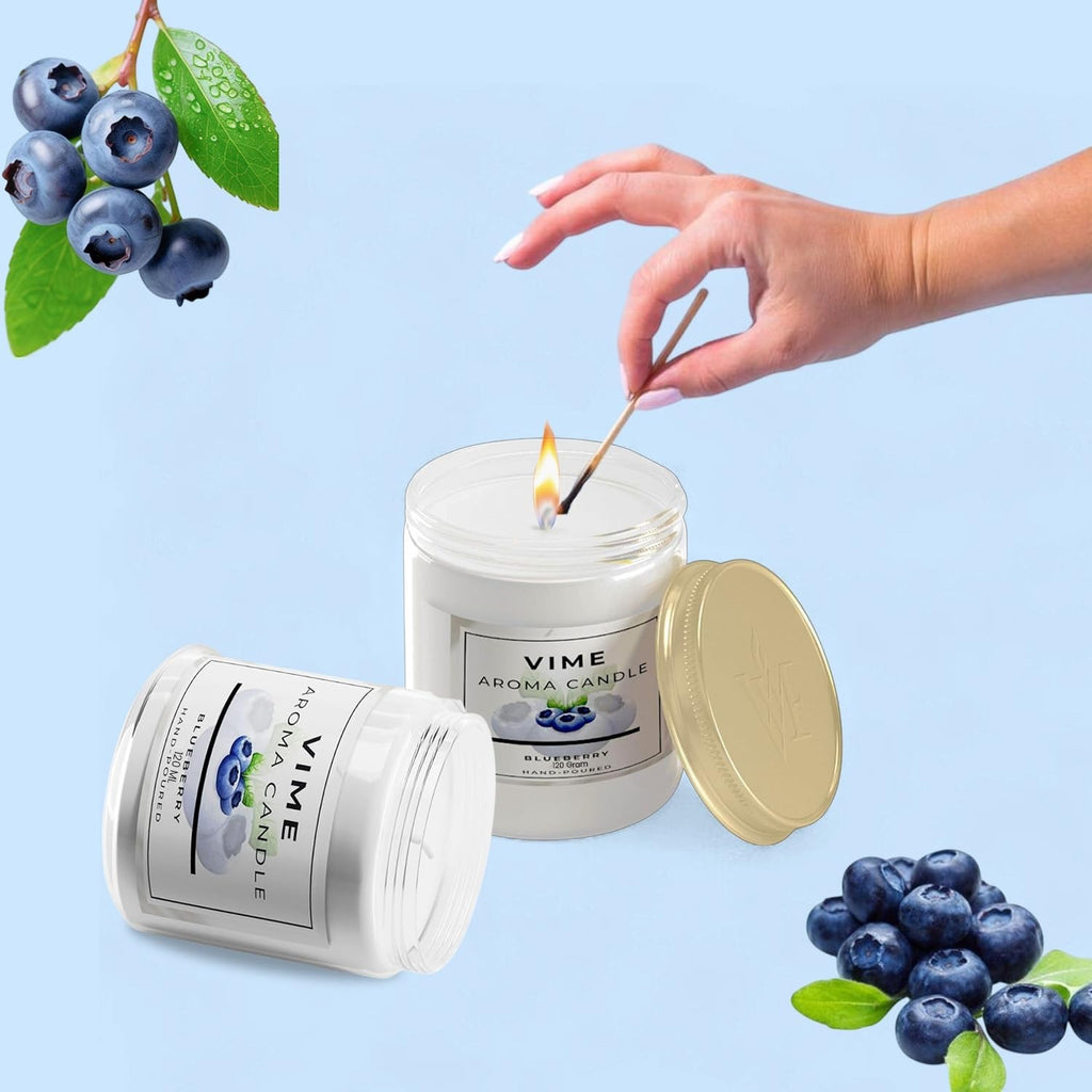 GoHooked ViMe Blueberry Aroma Candle, white wax in clear jar, lit with a match, 120 gm, 35 hr burn time.