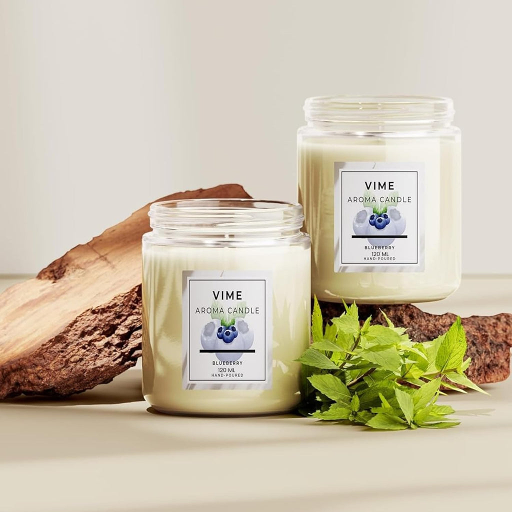 GoHooked ViMe white blueberry aroma candle in glass jar, 120 ml, hand-poured, 35-hour burn time.