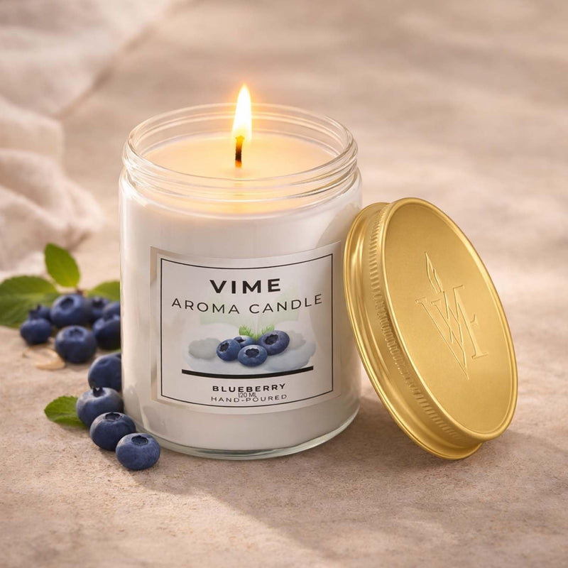 ViMe blueberry scented aroma candle in a glass jar with a gold lid, 120ml, hand-poured wax.