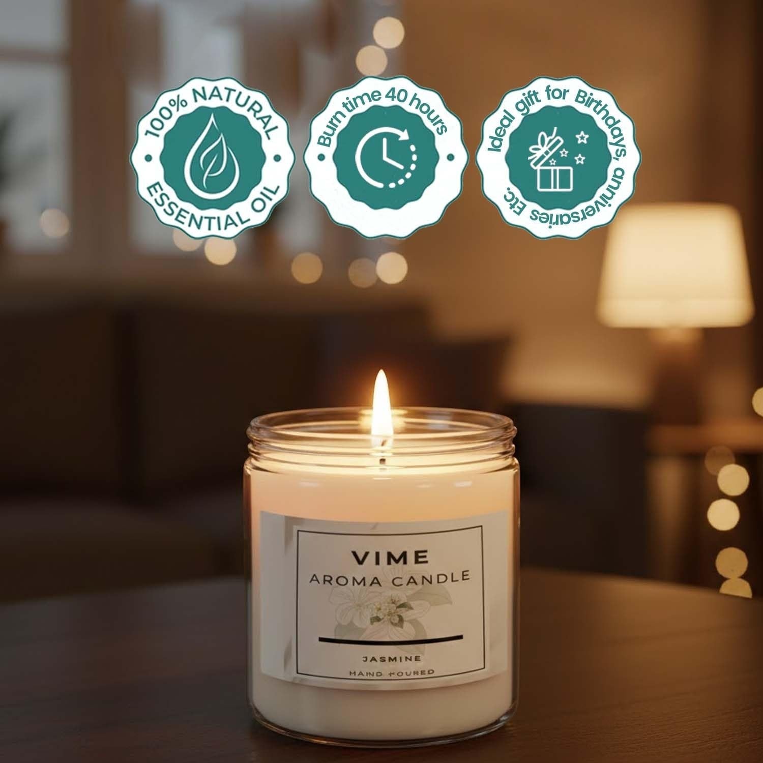 GoHooked ViMe white jasmine scented aroma candle in a glass jar, 100% natural essential oil, 40-hour burn time.