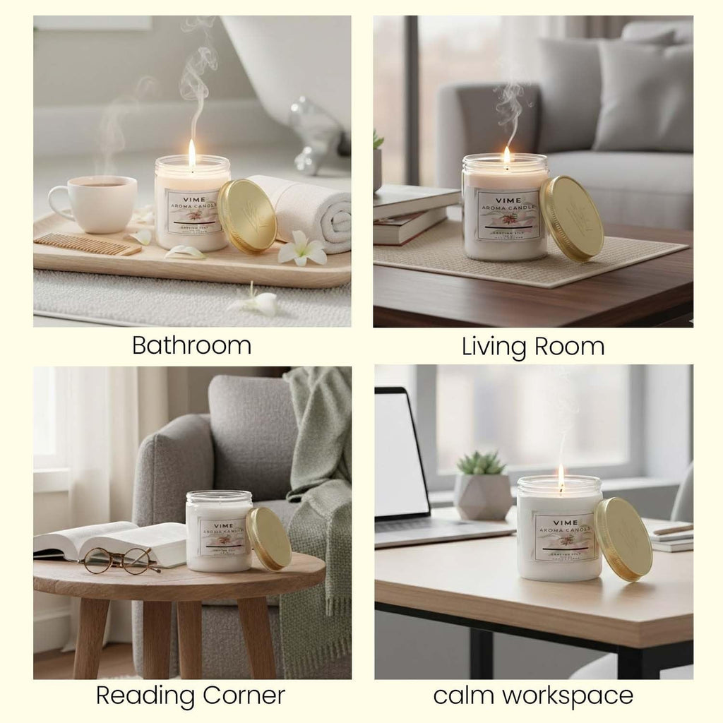 GoHooked ViMe white glass jar candle with gold lid, Lasting Lily scent, for home decor, relaxation, and aromatherapy.