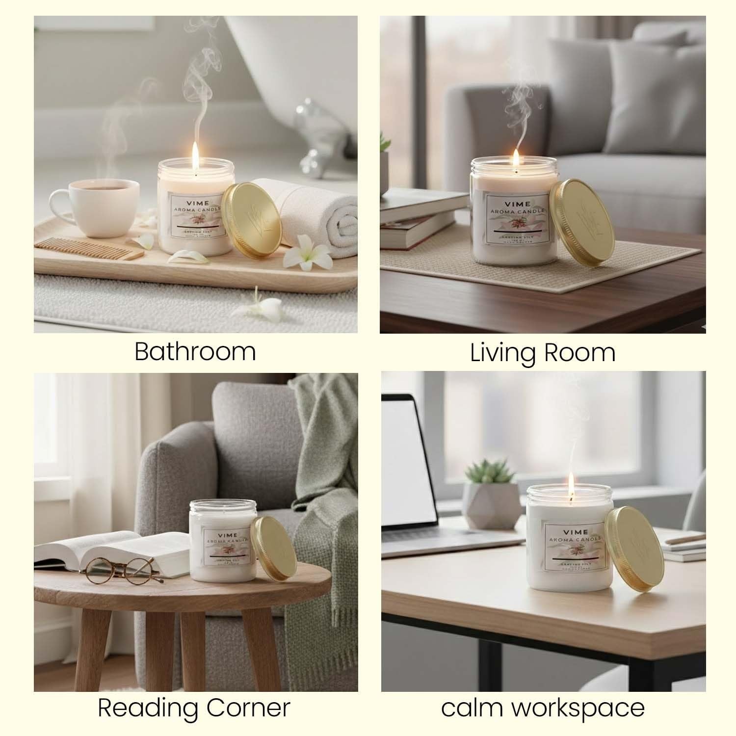 GoHooked ViMe white glass jar candle with gold lid, Lasting Lily scent, for home decor, relaxation, and aromatherapy.